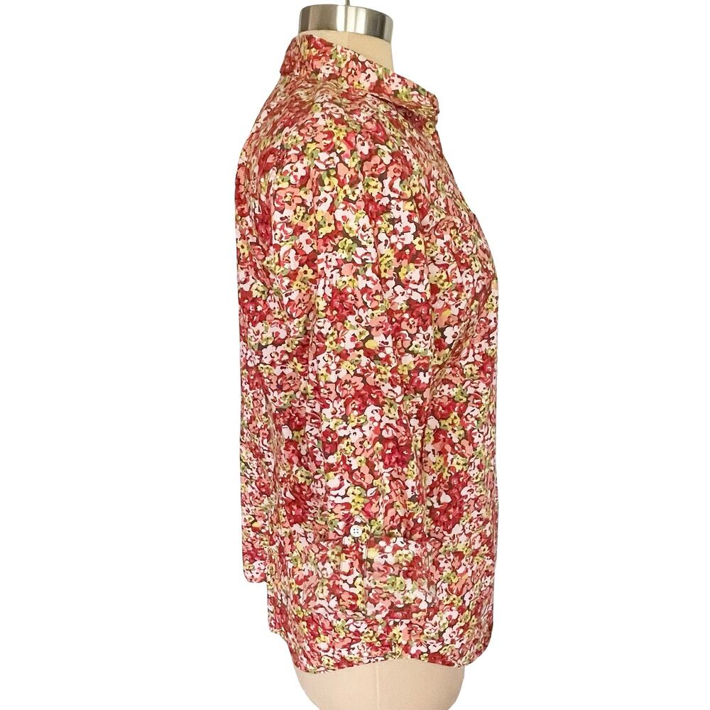 Talbots Red Floral Button Up Shirt Size 12p Roll Tab Sleeves Classic Work Wear - Picture 5 of 11